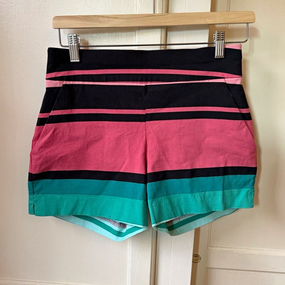 New York & Company Pink, Teal & Black Striped Pull-On Shorts, Size Small